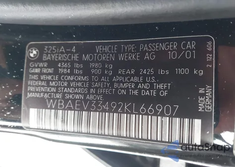 2002 BMW 325I z USA, uszkodzony, nr VIN WBAEV33492KL66907